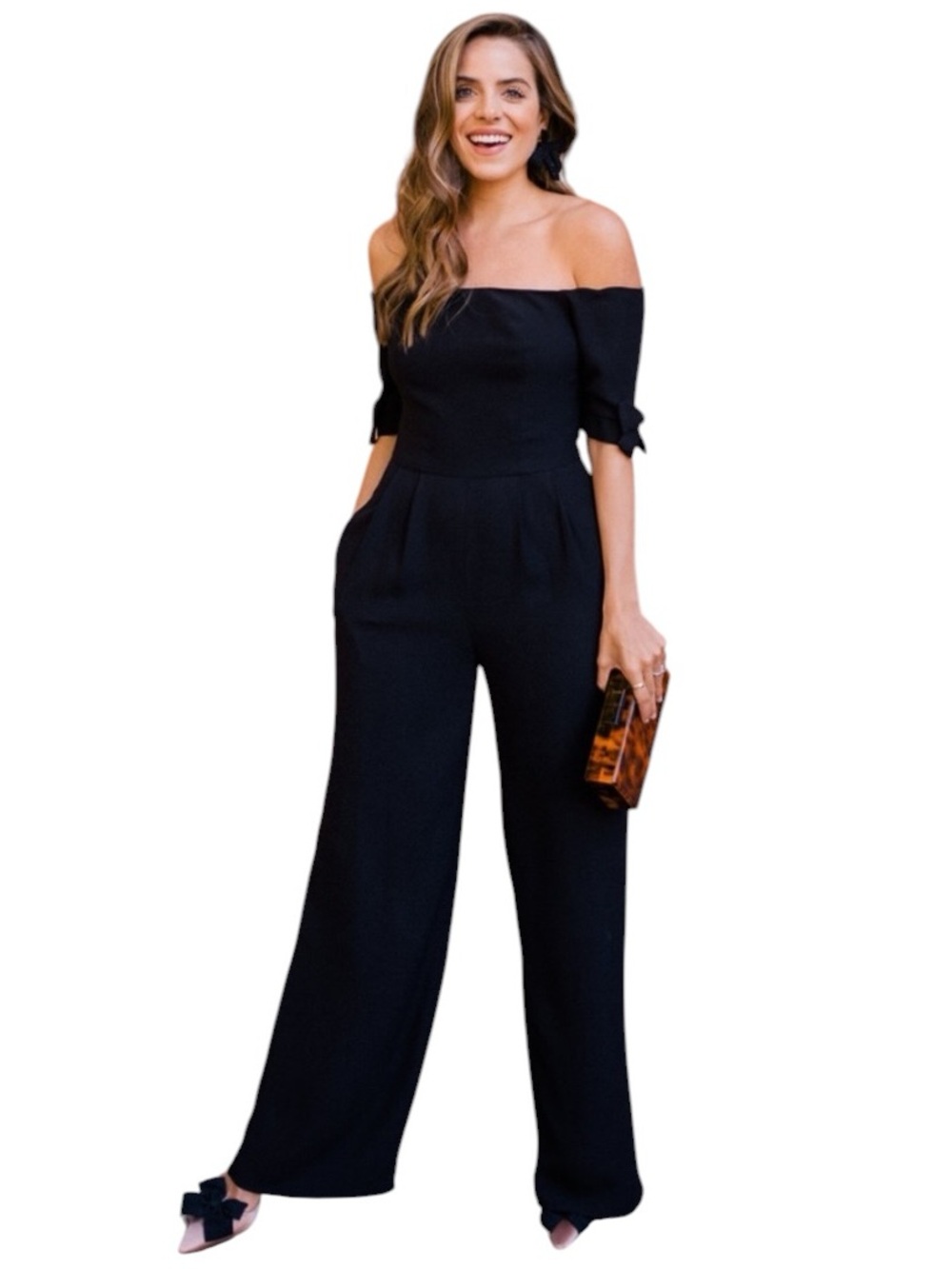 Gal Meets Glam - Meredith Black Crepe Off Shoulder Wide Leg Jumpsuit Sz 4